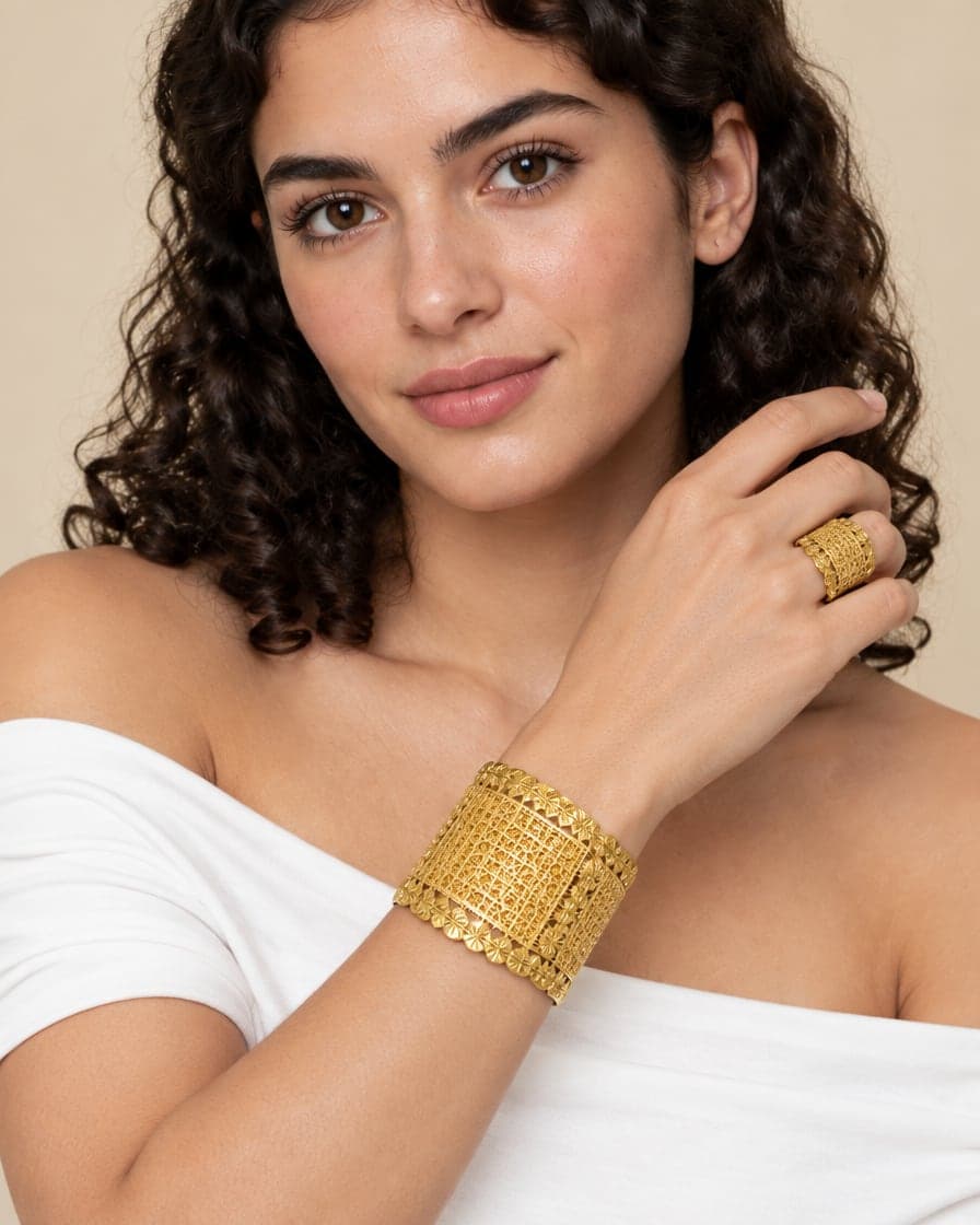 Wide Lattice Bracelet with Matching Ring
